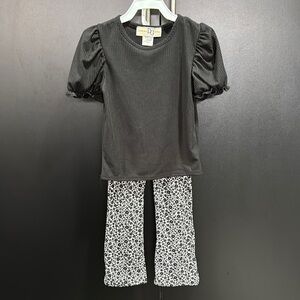 Dream Girl 2 pc.set,ribbed puffed elastic ruffle sleeve top, flare bottom pants